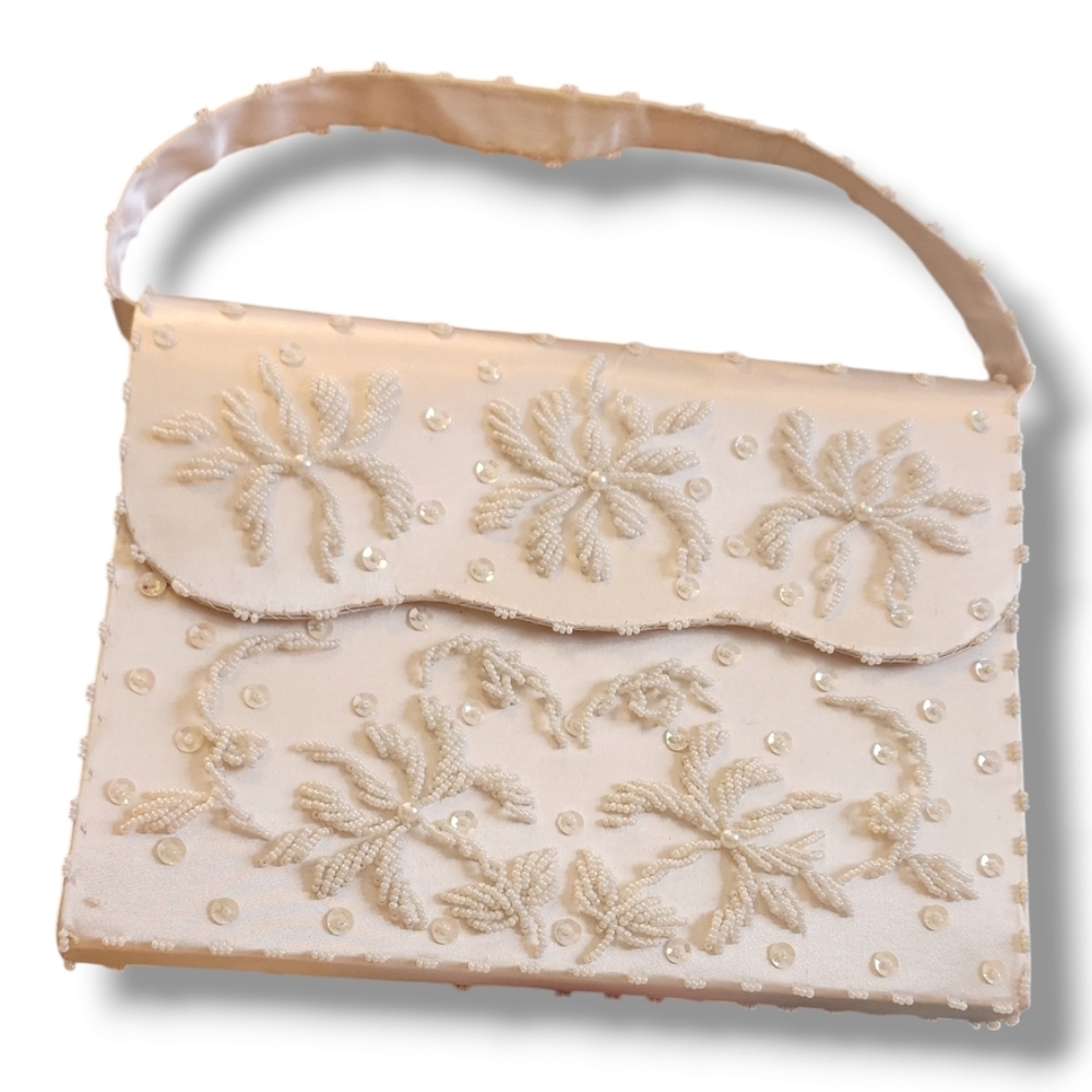 Elegant Cream Beaded, Embroidered Women's Bag